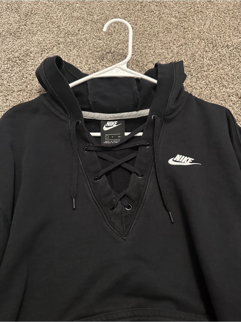 Nike Black Lace-Up V-Neck Hoodie with White Swoosh